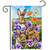 Spring Bunny Trio Garden Flag with three brown bunnies, purple flowers, and orange butterfly outdoors.