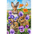 Spring Bunny Trio Garden Flag with brown bunnies, purple flowers, orange flowers, and a butterfly.