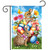 Springtime Bunnies Garden Flag with two brown bunnies, Easter eggs, flowers against blue sky background.
