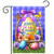 Happy Easter Egg Basket Garden Flag with colorful eggs, flowers, and butterflies on purple background.