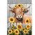 Highland Cow Garden Flag with brown cow, sunflowers, and butterfly on white picket fence background.
