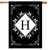 Black and white monogram house flag with H, double-sided, ornate design, and gold pole hardware.