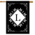 Black and white monogram L double-sided house flag with floral design and gold rod detail.