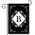 Black and white monogram garden flag with B, double-sided, ornate design and floral patterns.
