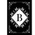 Black and white garden flag with monogram B, floral design on double-sided material, rectangular shape.