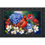 American Cardinal Doormat with red bird, blue hydrangeas, and white flowers in ornate black frame.