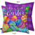 Painted Eggs Burlap Indoor/Outdoor Pillow, Easter theme, colorful eggs, purple background, square throw pillow.