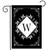 Black and white monogram garden flag with "W", double-sided, floral design on white background.