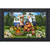 Camping Bear Doormat with bear, camper, and campfire design in a decorative black frame outdoors.
