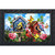 Floral Birdhouses Doormat with colorful birds, butterflies, and flowers surrounding two birdhouses on a blue background.