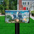 Seaside Escape Summer Oversized Mailbox Cover with beach scene and blue Adirondack chairs design.
