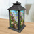 Black metal lantern with colorful bird and flower design on sides, Fence Post Birds Lantern.