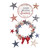 American Wreath Window Cling, patriotic stars, red bow, God Bless America sign, white background.