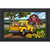 Vibrant yellow vintage truck loaded with colorful flowers beside sunflowers and red barn with white fence.