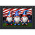 Saluting Gnome Doormat with three patriotic gnomes, American flag, and fireworks on green grass.