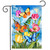 Sunshine Butterflies Garden Flag with colorful butterflies and tulips on a blue cloudy sky background.
