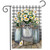 Farmhouse Jars Garden Flag with daisies in mason jars and gingham ribbons on wooden floor.