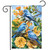 Bluebirds and Roses Garden Flag with three blue birds on yellow roses and green leaves.