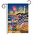 Oceanside Fireworks Garden Flag with beach scene, lighthouse, fireworks, and patriotic decorations on a flag.