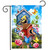 Floral Birdhouses Garden Flag with colorful birds, flowers, and birdhouses on a garden background design.