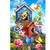 Floral Birdhouses Garden Flag with colorful birds, butterflies, and flowers on a blue sky background.