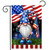 Saluting Gnome Garden Flag with American flag design and fireworks, blue hat with white stars.