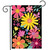 Vibrant floral garden flag with colorful flowers, butterflies, and dragonflies on a black background.