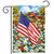 American flag garden flag with red barn, horse, and colorful flowers in a field design.