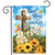 Garden flag with cross, flowers, and "God Bless our HOME" text on blue cloudy background.