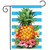 Pineapple and Stripes Garden Flag with tropical flowers on blue and white striped background.