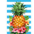 Pineapple and Stripes Garden Flag with tropical flowers and green leaves on blue and white stripes.