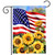 American Sunflowers Garden Flag with USA flag and yellow sunflowers on a decorative black metal hanger.