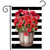 Red geraniums in a wooden bucket on a black and white striped garden flag design.