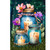 Garden flag with lit candles in jars, surrounded by flowers, on green grass outdoors at night.