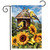 Goldfinches and sunflowers garden flag with birdhouse and vibrant yellow flowers and birds outdoor decor.
