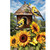Goldfinches perched on and near a birdhouse surrounded by bright sunflowers on a garden flag.