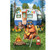 Camping Bear Garden Flag with bear, camper, campfire, and guitar, in colorful outdoor scene.