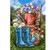 Blue rain boots, red watering can with purple flowers, basket of tulips, and garden birds outdoors.