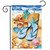 Welcome To the Beach Flip Flop Garden Flag with seashells and starfish on sandy beach.