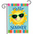 Hello Sun Summer Garden Flag with smiling sun wearing green sunglasses on blue background with stripes.