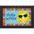 Hello Sun Summer Doormat with colorful border and smiling sun wearing sunglasses on a blue background.