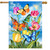 Sunshine Butterflies House Flag with colorful butterflies and tulips on blue cloudy sky background design.
