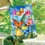 Sunshine Butterflies House Flag with colorful butterflies and tulips on blue background with white clouds.