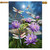 Dragonflies and frog house flag with purple flowers, lily pads, and dragonflies under a moonlit sky.
