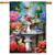 Spring Bath Birds House Flag with colorful birds and butterflies around a stone birdbath and flowers.