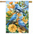 Bluebirds and Roses House Flag with three blue birds on yellow roses and orange flowers.