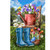 In the Spring Garden House Flag with blue boots, red watering can, and colorful flowers arrangement.