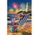 Oceanside Fireworks House Flag, patriotic beach scene with lighthouse, fireworks, and American themed accessories.