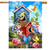 Floral Birdhouses House Flag with colorful birds, butterflies, and flowers on a blue sky background.