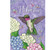 Hummingbird and Hydrangea house flag with green hummingbird, purple throat, and colorful hydrangeas on purple background.
